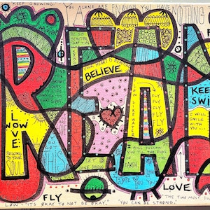 Abstract Illustration, Inspirations, Surrealism, Word Art, Free Thinking, Cool Colors, Canvas Illustration, Acrylic Paint, Mixed Media