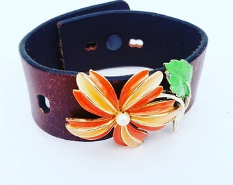 Womens Cuff, Cuff, Womens Leather Cuff, Unique, Pin, Handmade, Upcycled, Bracelet, Mahogany Leather, Belt, Green, Orange, Flowers, Recycled,
