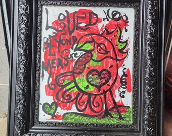 OOAK, Mixed Media, Bird of Virtue, Love, Glass Surface, Happiness, Heart, Frame, Illustrations, Art, Bird, Marker, Barn Wood, Frame, Red