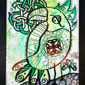 Celtic, Reproductions, Bird of Virtue, Paper, Urban Artist, Mixed Media, Irish Blessing, Acyrilic Paint, Paint, Green Paint, Illustration