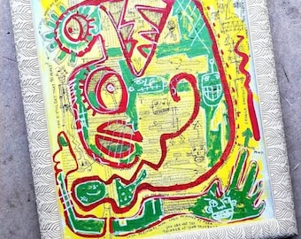 BASQUIAT, Shakespeare, Collage, Green, Mixed Media, Canvas, Yellow, Inspirational, Abstract Art, Abstract Expressionalism, Art, Handmade