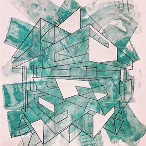 Op de afbeelding: Abstracte geometrische tekening van een gebouw met een turquoise aquarel achtergrond. De tekening is in zwarte inkt en toont een meerlaags structuur met overlappende lijnen.