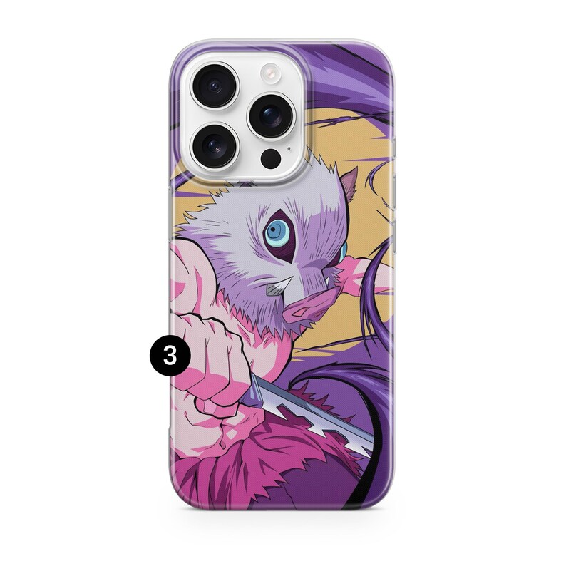 Bold anime phone case of Inosuke Hashibira in action pose with swords, colorful purple and yellow background. Perfect protective case for anime fans.