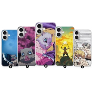 May include: Five phone cases with anime-style illustrations. The cases showcase various characters and scenes, with vibrant colours and dynamic compositions. Each case has a unique design, displaying different characters and backgrounds.