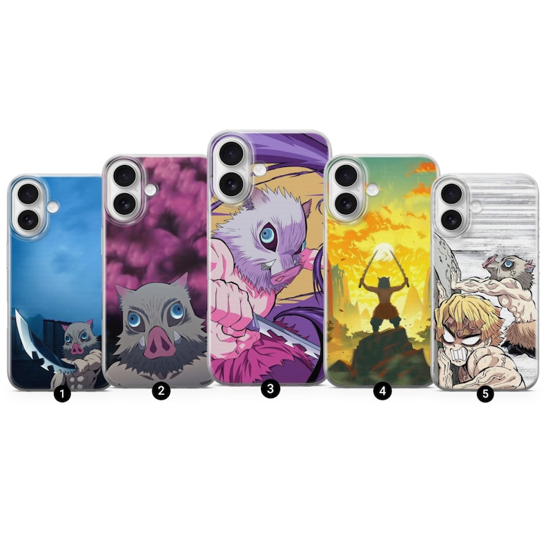 May include: Five phone cases with anime-style illustrations. The cases showcase various characters and scenes, with vibrant colours and dynamic compositions. Each case has a unique design, displaying different characters and backgrounds.