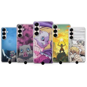May include: Five phone cases with anime-style illustrations. The cases feature characters with swords and other weapons, set against backgrounds of blue skies, purple foliage, and a sunset. The cases are in various colours, including blue, purple, and green.