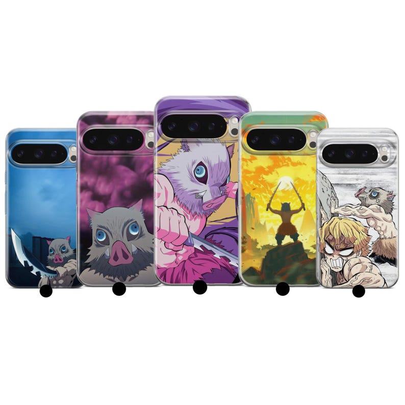 May include: Five phone cases with anime-style character designs. The cases showcase dynamic illustrations of characters in action, using bright colours and detailed artwork. Each case has a unique background, such as a night scene, purple clouds, and a fiery sunset.