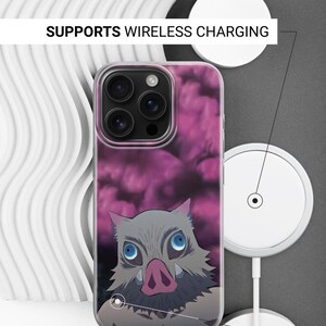 May include: Clear phone case with a cartoon boar-headed character and pink floral background. The case supports wireless charging. Text on the image reads "SUPPORTS WIRELESS CHARGING" and "SIDES ARE NOT PRINTED."
