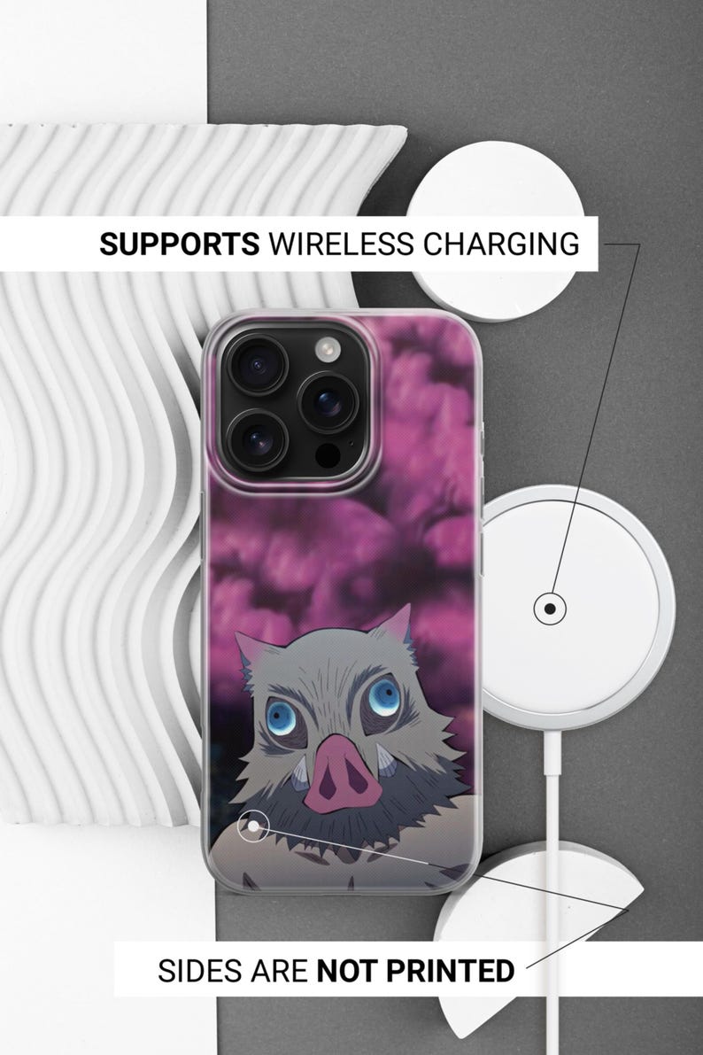 May include: Clear phone case with a cartoon boar-headed character and pink floral background. The case supports wireless charging. Text on the image reads "SUPPORTS WIRELESS CHARGING" and "SIDES ARE NOT PRINTED."