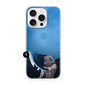 Anime phone case featuring Inosuke Hashibira with dual swords, standing strong under a blue sky. Protective and stylish cover for iPhone, Samsung, and Pixel.
