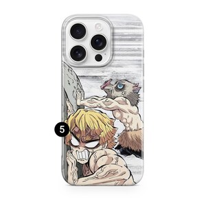 Fun anime phone case with Inosuke Hashibira and Zenitsu in a comedic action scene. Strong protective cover for iPhone, Samsung, and Pixel.