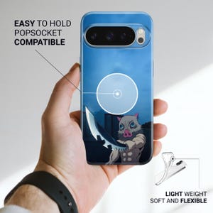 May include: A blue phone case with a cartoon character holding a sword. The case has the text "EASY TO HOLD POPSOCKET COMPATIBLE" and "LIGHT WEIGHT SOFT AND FLEXIBLE".