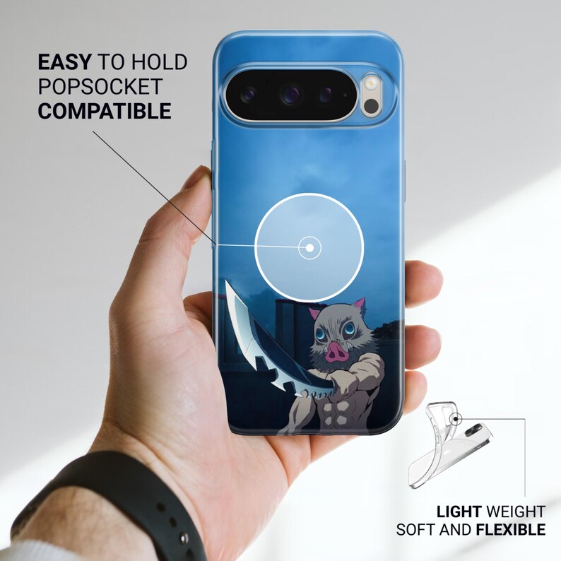 May include: A blue phone case with a cartoon character holding a sword. The case has the text "EASY TO HOLD POPSOCKET COMPATIBLE" and "LIGHT WEIGHT SOFT AND FLEXIBLE".