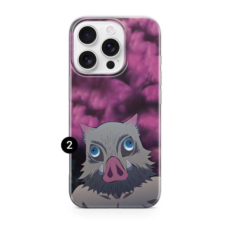 Cute anime phone case with Inosuke Hashibira’s intense boar mask close-up on a purple background. Durable cover for iPhone, Samsung, and Pixel.