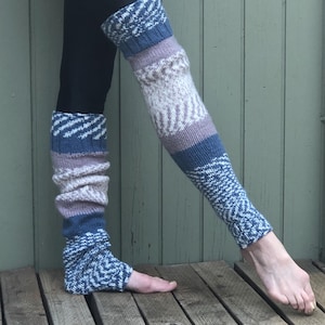Hand Knit Fair Isle Thigh High Leg Warmers: Blue, Lavender & White