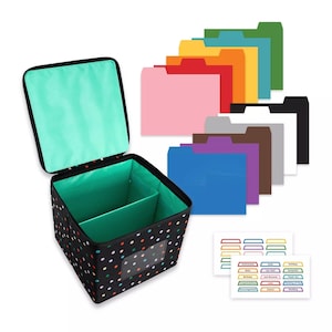 May include: Black polka dot file organizer with a teal interior and a clear window. Includes a set of colorful file folders and label stickers. The organizer is open, revealing two interior compartments.
