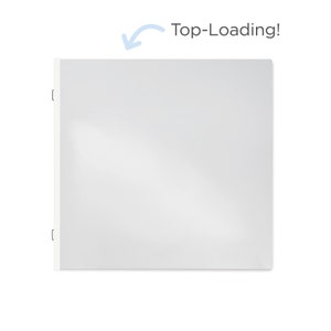 May include: A white, top-loading binder with a clean, minimalist design. The text "Top-Loading!" is displayed above the binder with a blue arrow pointing towards it. The binder is shown against a white background.
