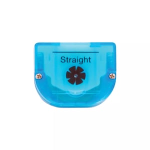 May include: A light blue plastic tool with the word "Straight" printed on it. The tool has a black floral design and two silver screws. The tool is a rounded rectangle shape.