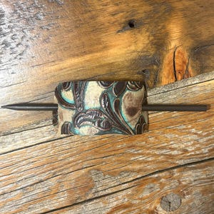 Embossed Leather Hair Slide with Wood Stick - Western Boho Hair Accessory Brown, tan & teal