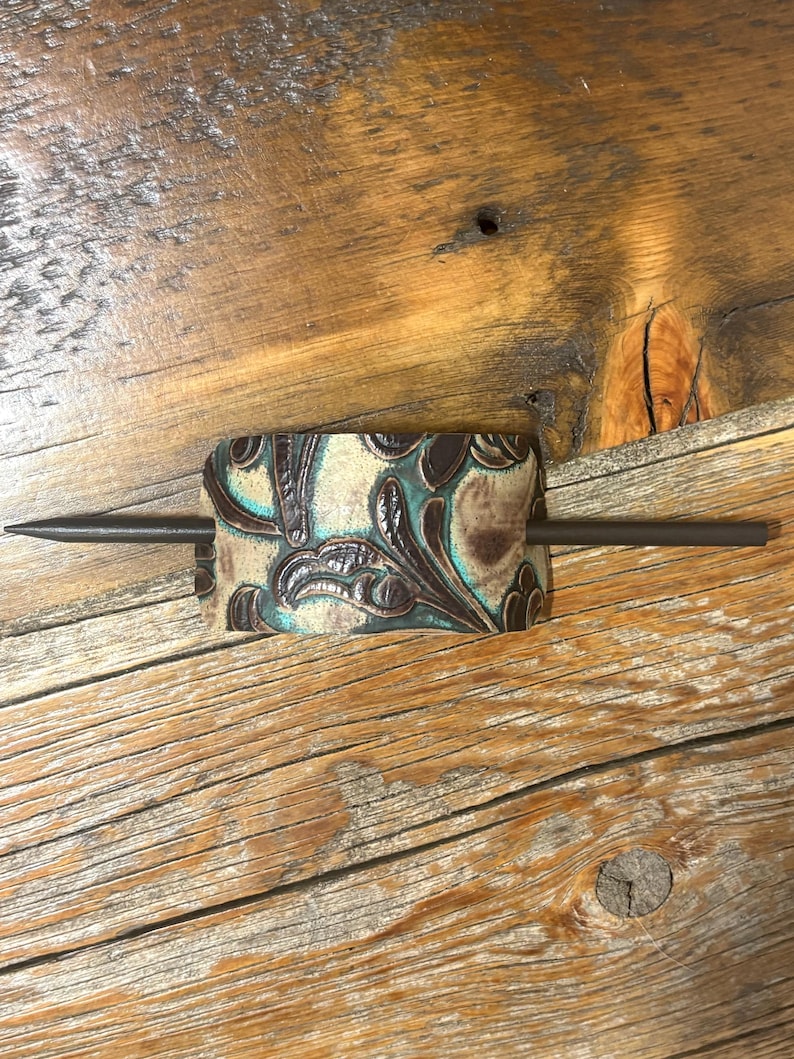 Embossed Leather Hair Slide with Wood Stick - Western Boho Hair Accessory Brown, tan & teal