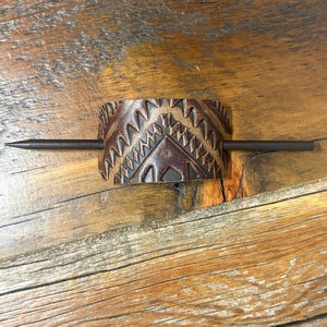 Embossed Leather Hair Slide with Wood Stick - Western Boho Hair Accessory Tan & brown