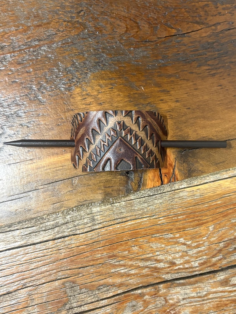 Embossed Leather Hair Slide with Wood Stick - Western Boho Hair Accessory Tan & brown