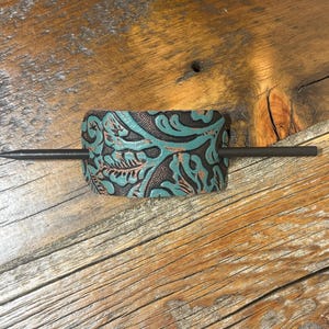 Embossed Leather Hair Slide with Wood Stick - Western Boho Hair Accessory Teal, rust & brown