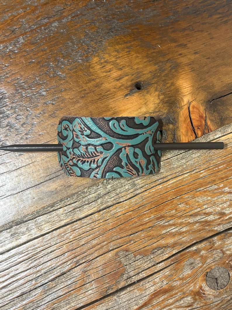 Embossed Leather Hair Slide with Wood Stick - Western Boho Hair Accessory Teal, rust & brown