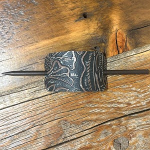 Embossed Leather Hair Slide with Wood Stick - Western Boho Hair Accessory Brown & Charcoal