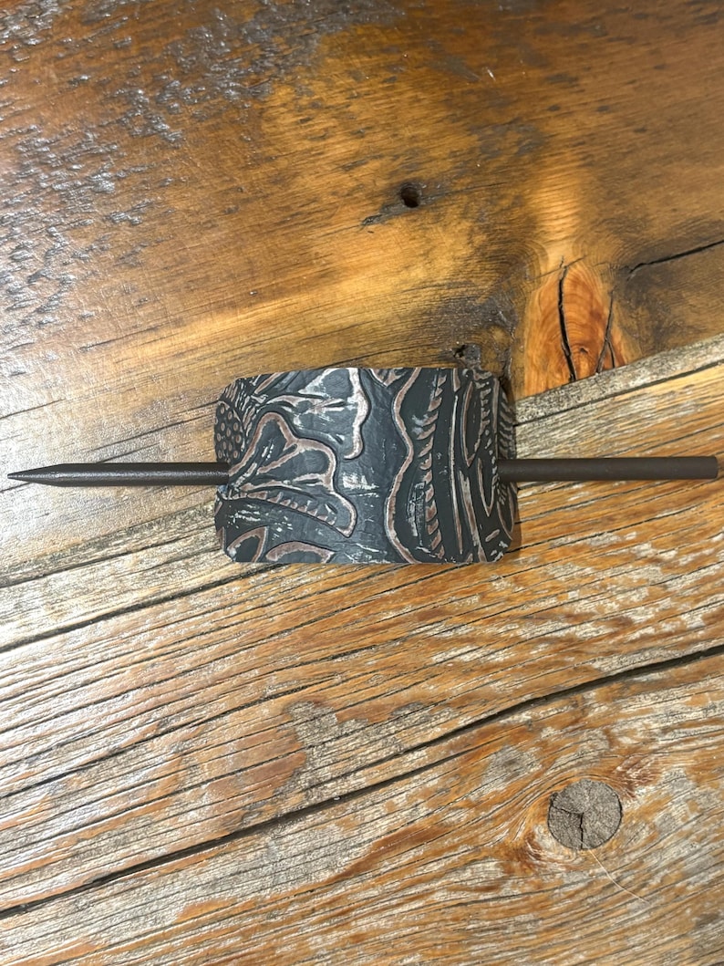 Embossed Leather Hair Slide with Wood Stick - Western Boho Hair Accessory Brown & Charcoal