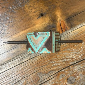 Embossed Leather Hair Slide with Wood Stick - Western Boho Hair Accessory Teal arrow