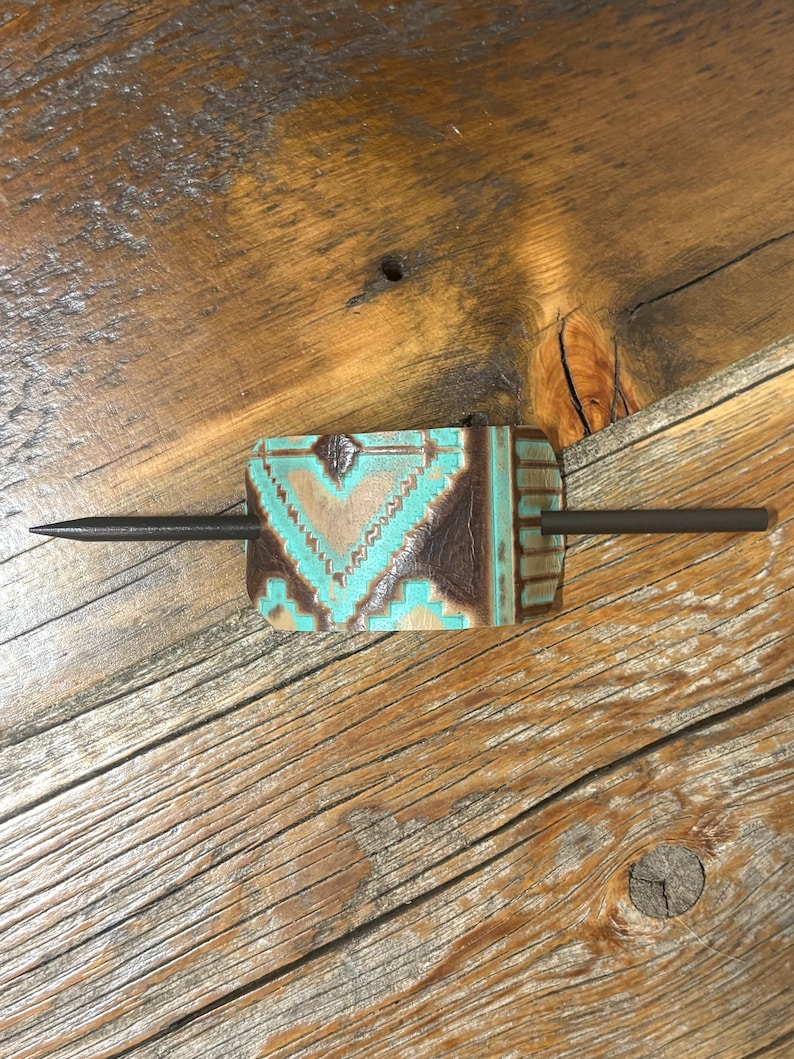 Embossed Leather Hair Slide with Wood Stick - Western Boho Hair Accessory Teal arrow