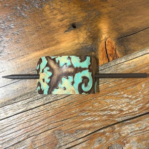 Embossed Leather Hair Slide with Wood Stick - Western Boho Hair Accessory Teal, tan & brown