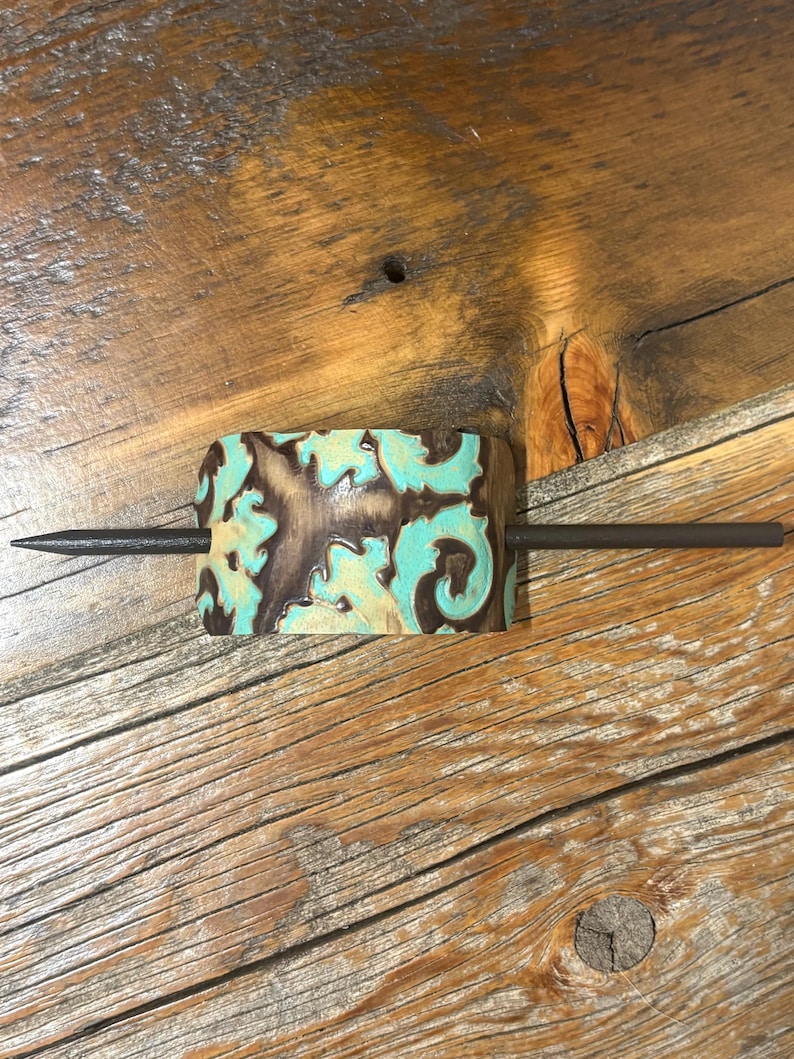 Embossed Leather Hair Slide with Wood Stick - Western Boho Hair Accessory Teal, tan & brown