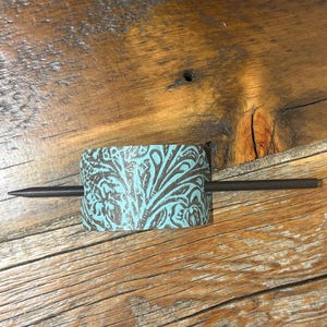 Embossed Leather Hair Slide with Wood Stick - Western Boho Hair Accessory Teal & brown