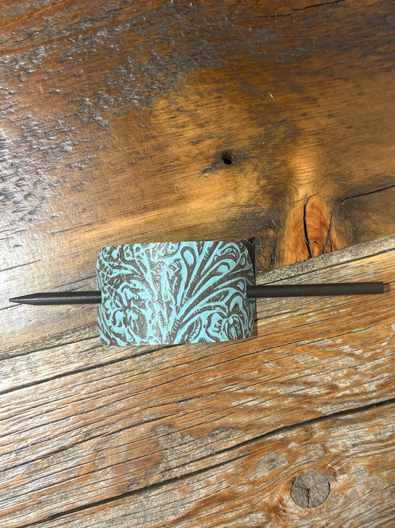 Embossed Leather Hair Slide with Wood Stick - Western Boho Hair Accessory Teal & brown