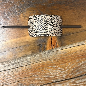 Embossed Leather Hair Slide with Wood Stick - Western Boho Hair Accessory Beige & black
