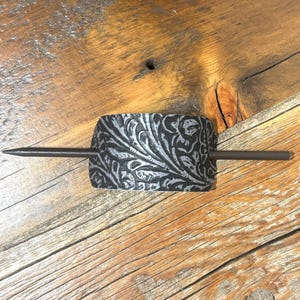 Embossed Leather Hair Slide with Wood Stick - Western Boho Hair Accessory Silver metallic