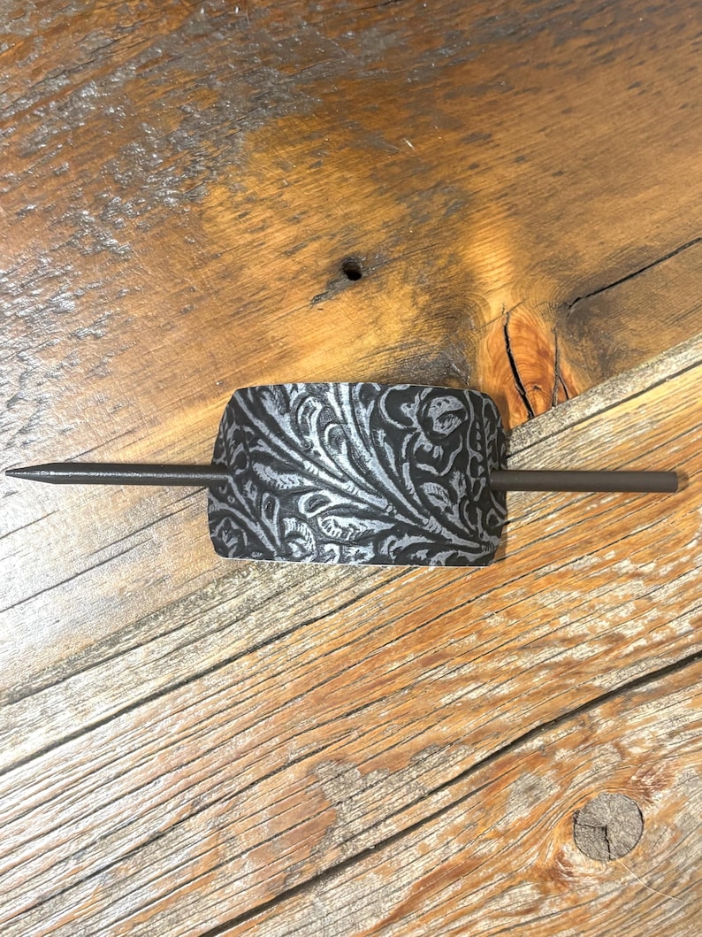 Embossed Leather Hair Slide with Wood Stick - Western Boho Hair Accessory Silver metallic