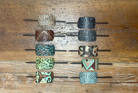 Embossed Leather Hair Slide with Wood Stick - Western Boho Hair Accessory