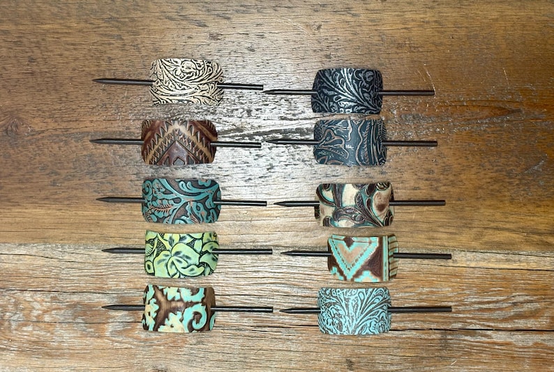 Embossed Leather Hair Slide with Wood Stick - Western Boho Hair Accessory image 1
