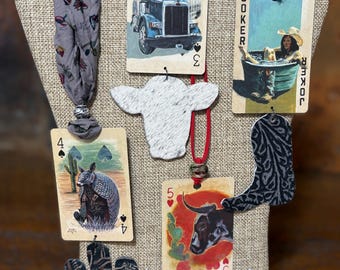 Handmade Car Rearview Mirror Charm Ornament: Playing Card Art, Western Boho Tassel
