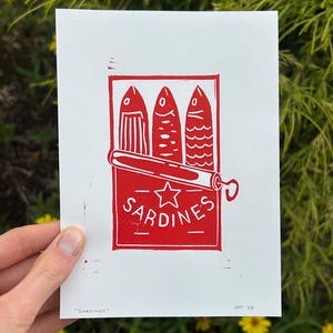 Sardines Linocut Block Print Artwork | 5x7 | Red, Blue or Black Color Options