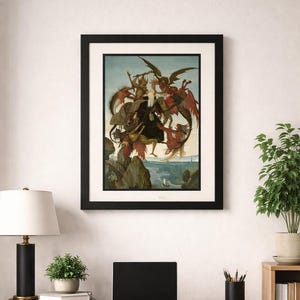 Puede incluir: Impresión artística enmarcada que presenta una pintura de estilo renacentista con figuras y demonios. La obra de arte, ambientada en un paisaje, está encerrada en un marco negro, añadiendo un toque clásico a la decoración.