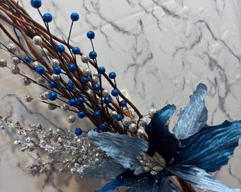 Blue Velvet Holiday Stem, Frosted Silver & Cobalt Berries Cascade, Christmas Stem