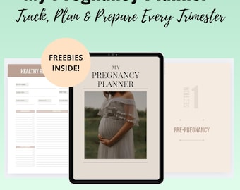 May include: A digital pregnancy planner with the title "My Pregnancy Planner" and the tagline "Track, Plan & Prepare Every Trimester." The planner includes sections for pre-pregnancy, healthy recipes, and freebies. The planner can be printed or used digitally.