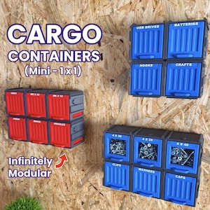 May include: Modular storage units labeled Cargo Containers (Mini - 1x1) featuring red and blue drawers. The units are organized in groups, with some drawers displaying labels like USB DRIVES, BATTERIES, HOOKS, CRAFTS, CAPS, M5 X 12, M6 X 12, AUDIO, RINGS, NOZZLES, 4 X 30, 4 X 35, 4 X 40, CLIPS, and WASHERS.