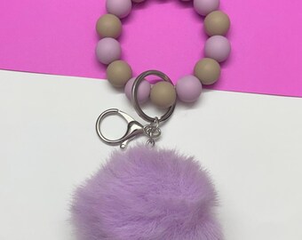 Purple and brown wristlet with pom pom | Stretchy keychain | gifts for her ideas