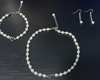 3pc handmade pearl jewelry set | Heart charm necklace | Y2k jewelry | Party favors