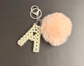 Personalized Letter Keychain | Initial Charm | Pearl Accessory | Puff Ball Bag Charm